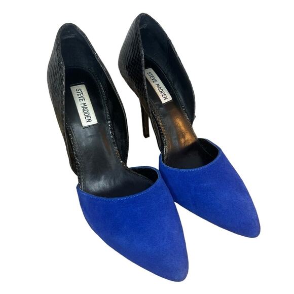 Steve Madden Shoes - Steve Madden Giddy Womens 8.5 Black Leather Blue Suede Heels PointedToe Stiletto